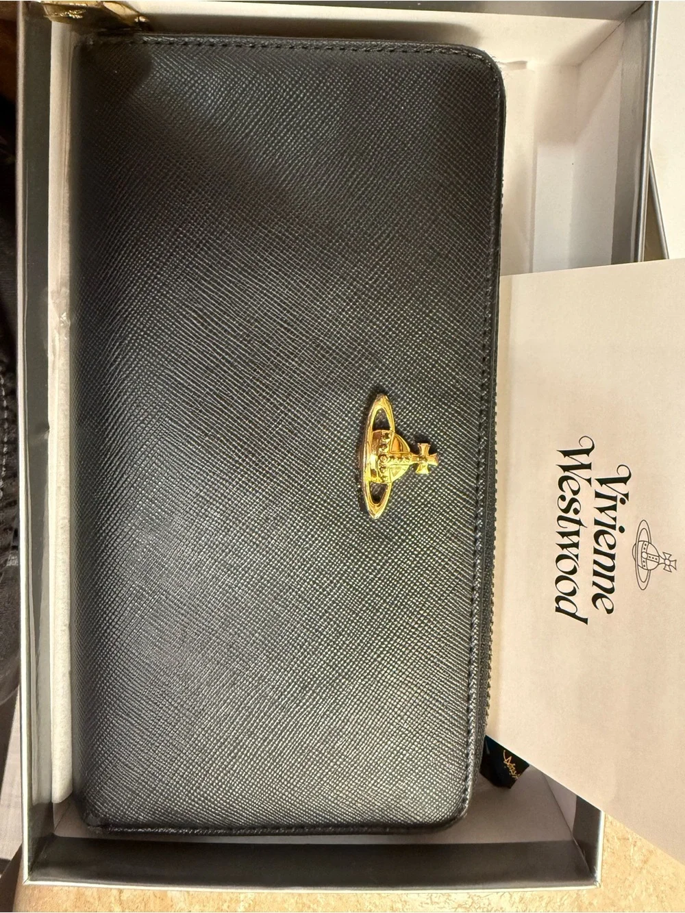 Vivienne Westwood Black Saffiano Zip Around Wallet with Gold Orb